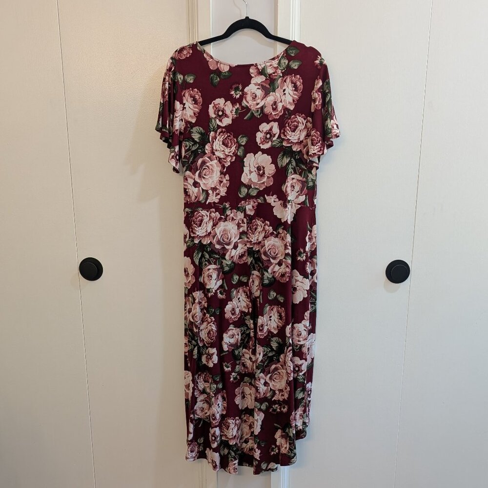 FORTUNE + IVY Irene Faux Wrap Brushed Knit Maxi Dress, High-Low, Burgundy, 2X - Picture 2 of 5